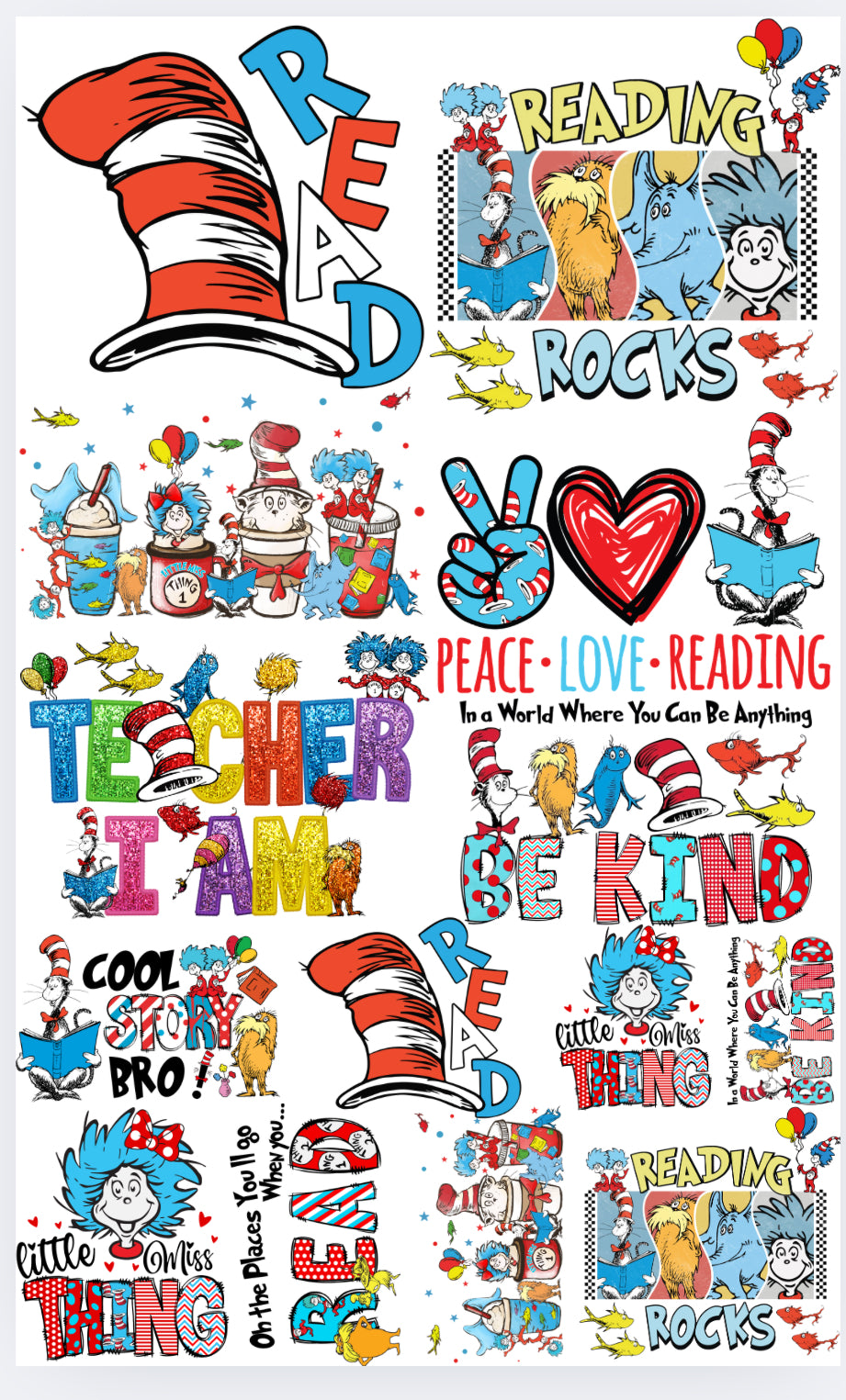 Dr Seuss  premade Gangsheet -36 inches- DTF Transfer ready to press -24 hour turnaround timeframe