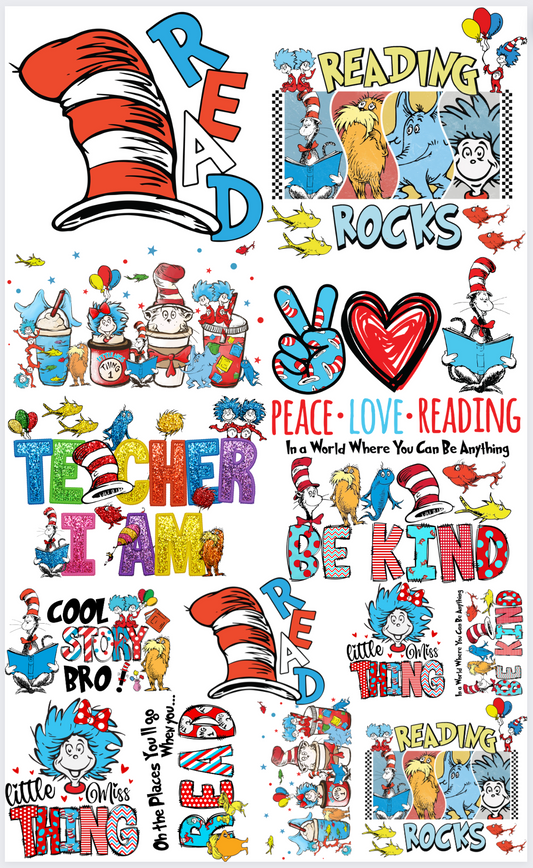 Dr Seuss premade Gangsheet -36 inches- DTF Transfer ready to press -24 hour turnaround timeframe